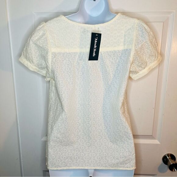 Modcloth Polished Touch Cotton Eyelet Blouse Puff Sleeves Tie Front Ivory S - Picture 7 of 13